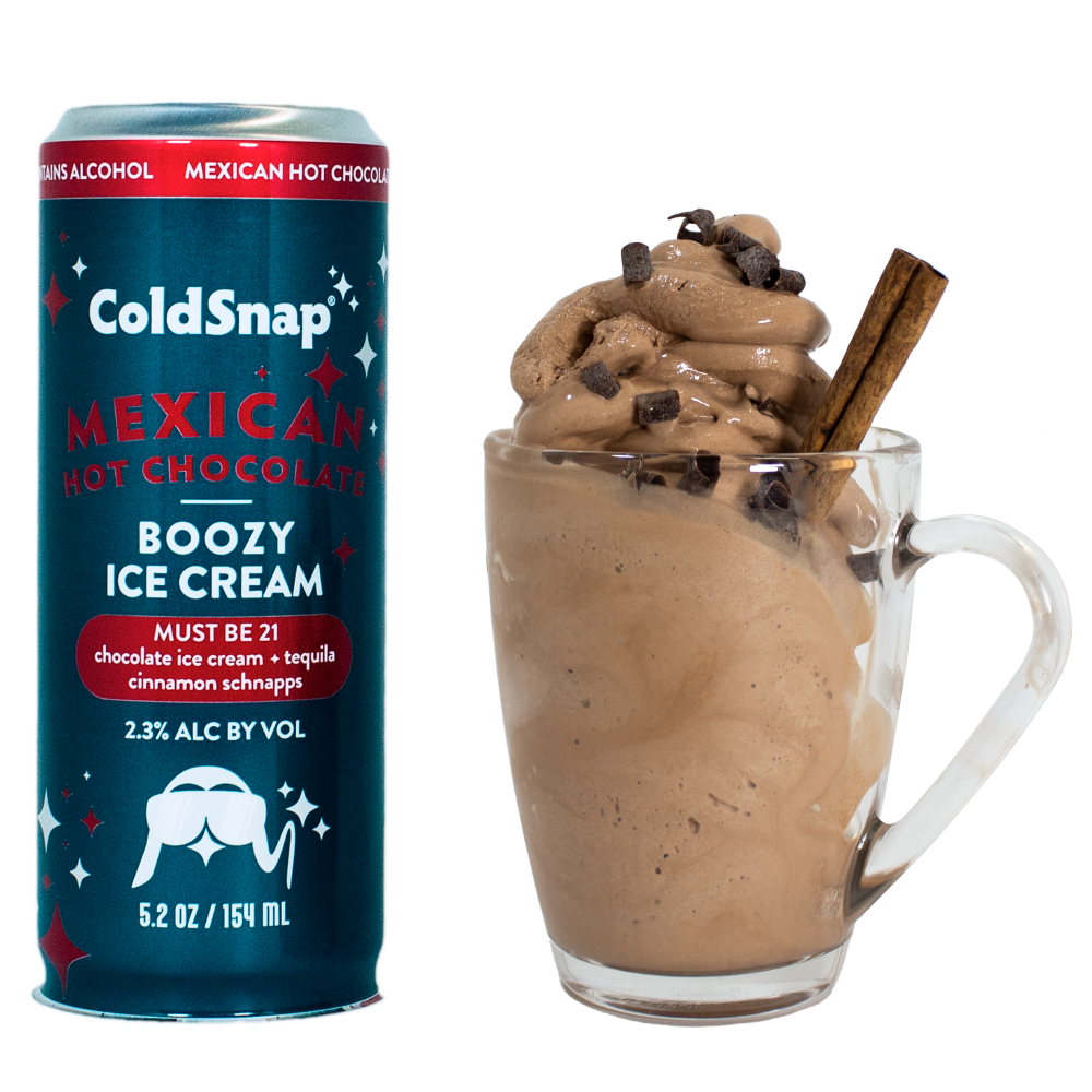 ColdSnap Mexican Hot Chocolate Pod next to a prepared treat in a glass with a cinnamon stick