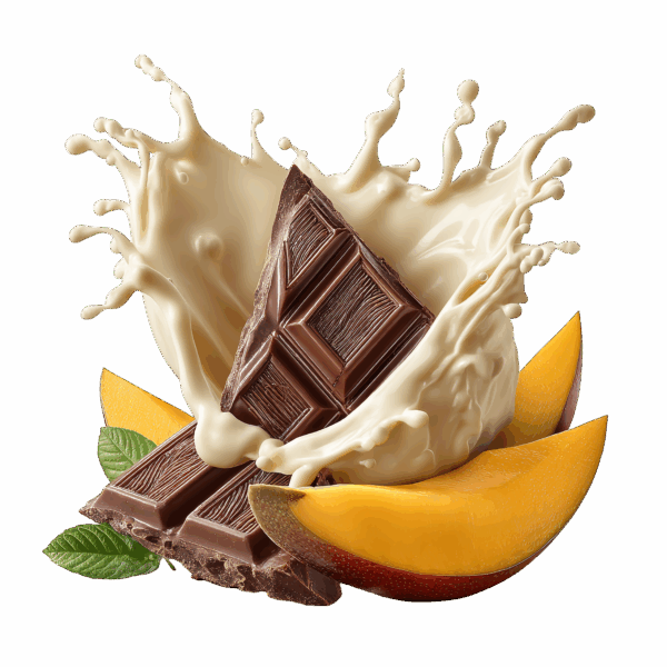 Chocolate bar with mango slices and milk splash on a white background