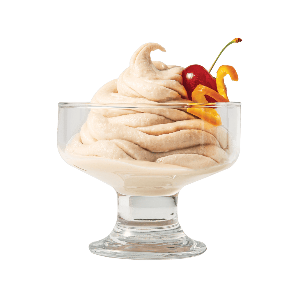 Prepared bowl of ColdSnap® Bourbon Boozy Ice Cream topped with a cherry and orange twist