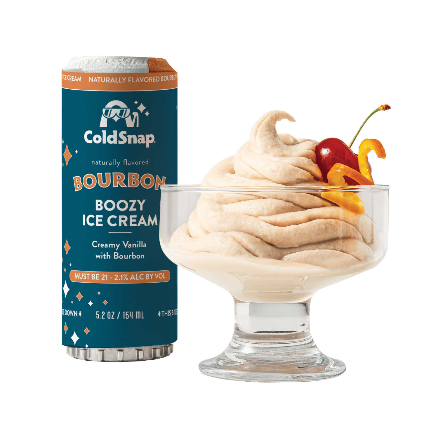 ColdSnap® Bourbon Boozy Ice Cream pod next to a prepared bowl topped with a cherry and orange twist