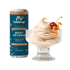 ColdSnap® Bourbon Boozy Ice Cream pod next to a prepared bowl topped with a cherry and orange twist
