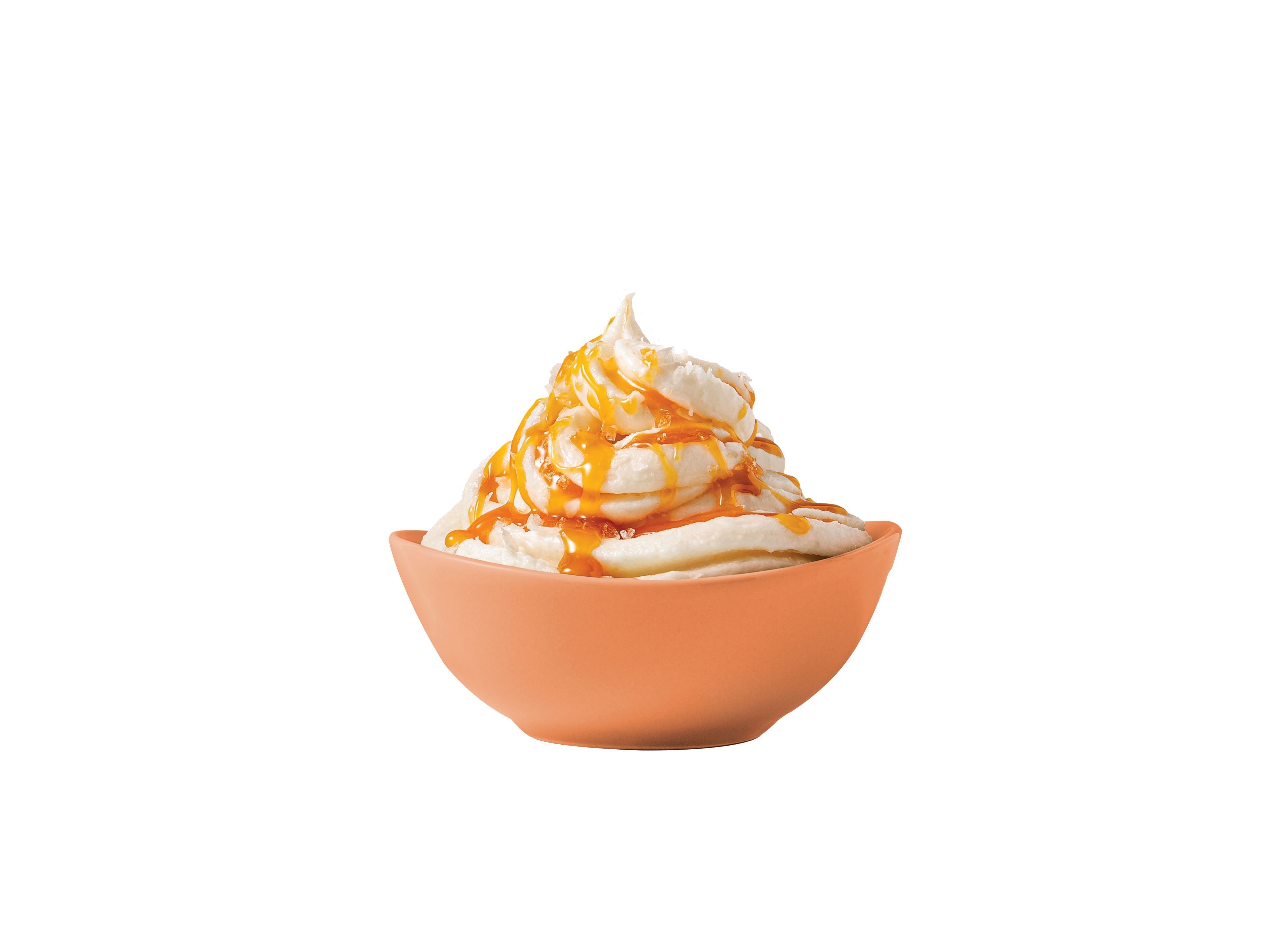 Caramel-flavored ColdSnap ice cream in an orange bowl on a white background