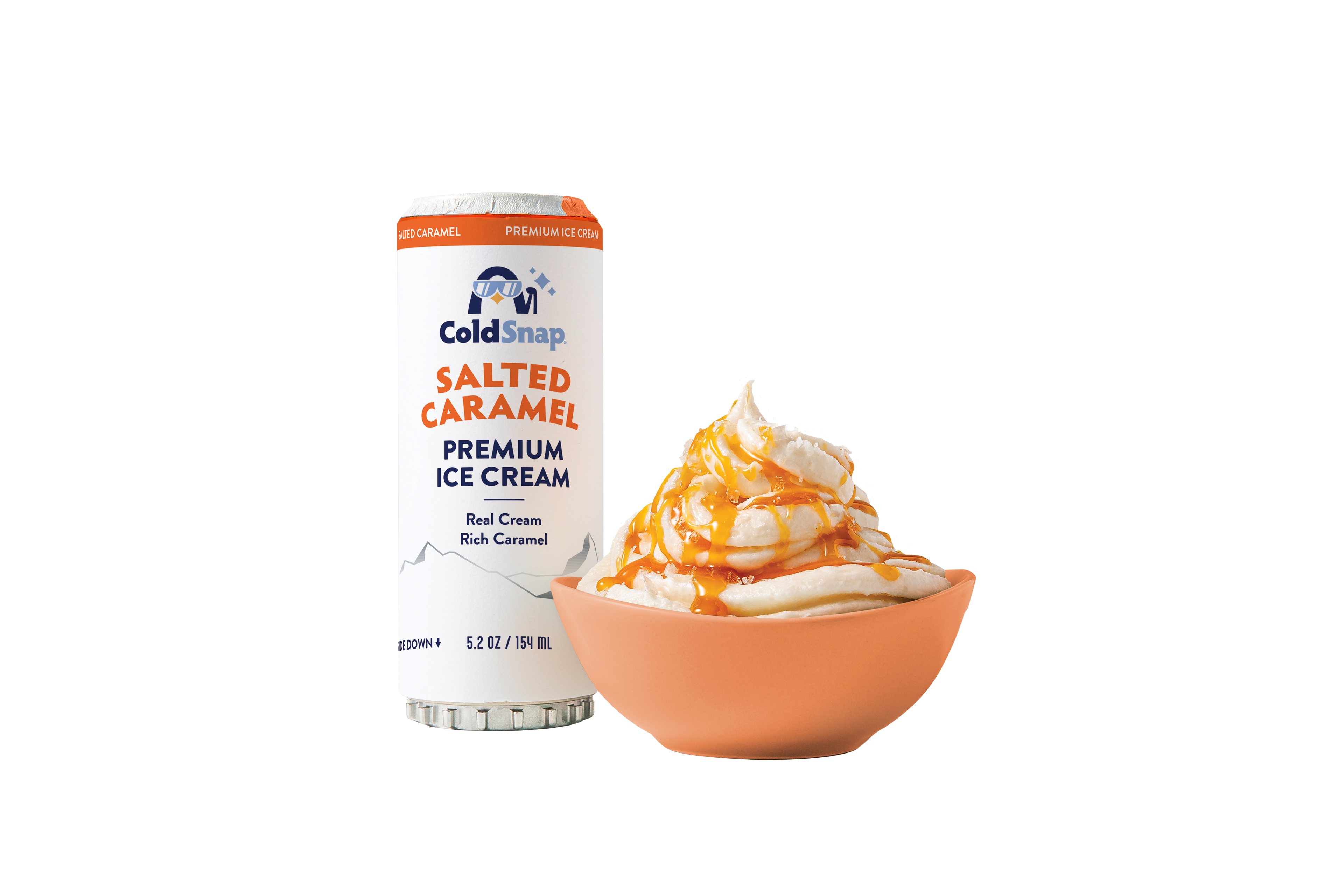 ColdSnap Salted Caramel ice cream pod and bowl with ice cream on a white background