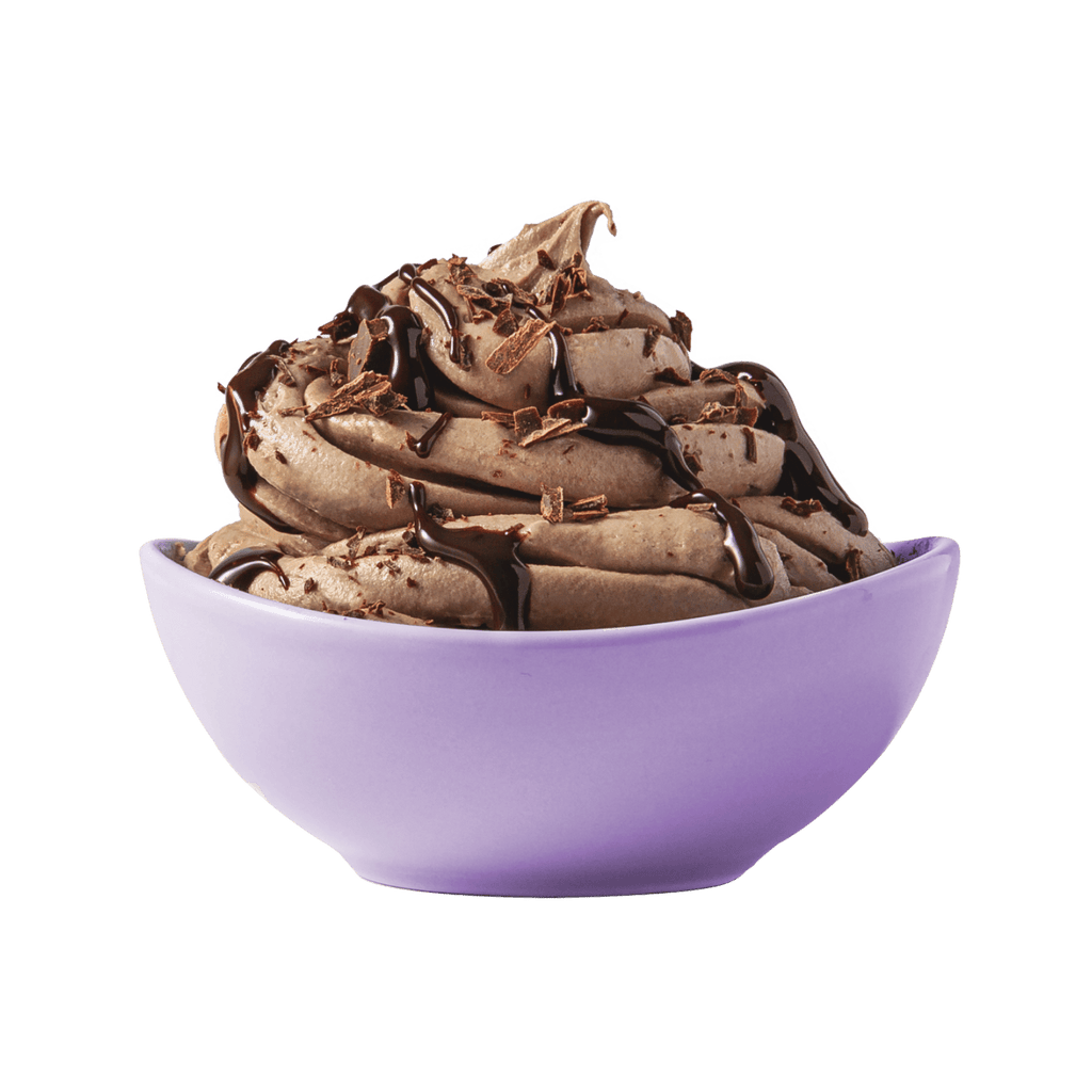 Prepared bowl of ColdSnap®  Chocolate Premium Ice Cream drizzled with chocolate sauce and topped with shaved chocolate