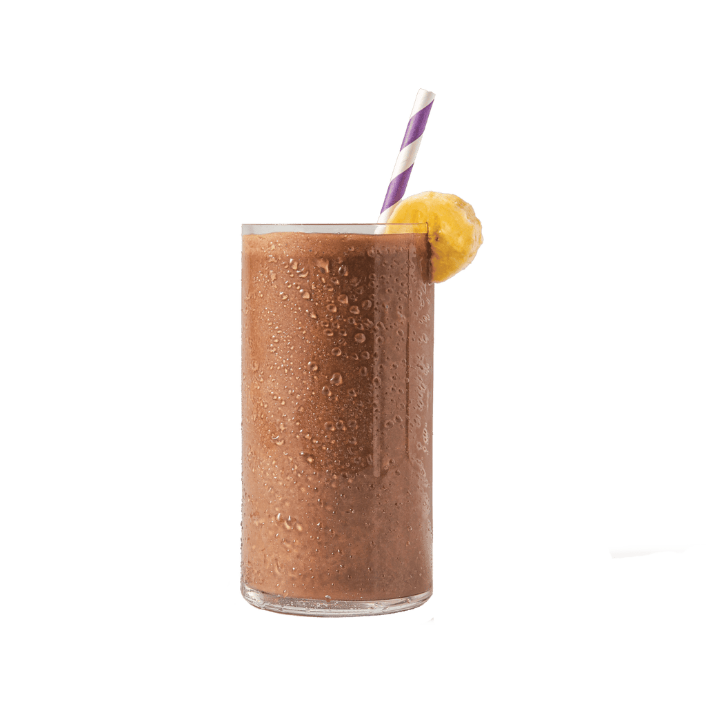 ColdSnap® Chocolate Non-Dairy Frozen Protein shake prepared in a glass with a slice of banana garnish and a straw