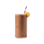 ColdSnap® Chocolate Non-Dairy Frozen Protein shake prepared in a glass with a slice of banana garnish and a straw