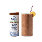 ColdSnap® Chocolate Non-Dairy Frozen Protein Shake pod next to a glass of a prepared shake with a slice of banana garnish and a straw
