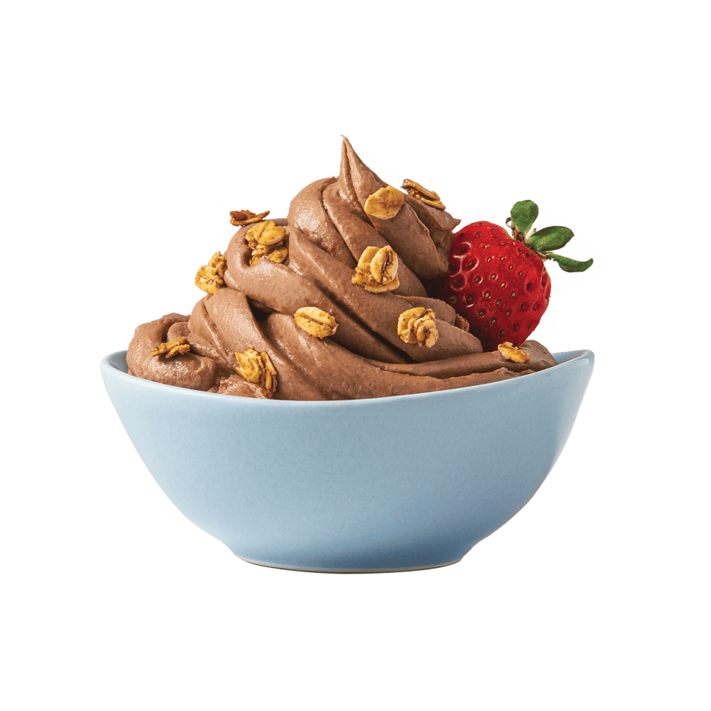 Bowl of ColdSnap® Chocolate Oat Non-Dairy Frozen Dessert topped with golden oats and a strawberry
