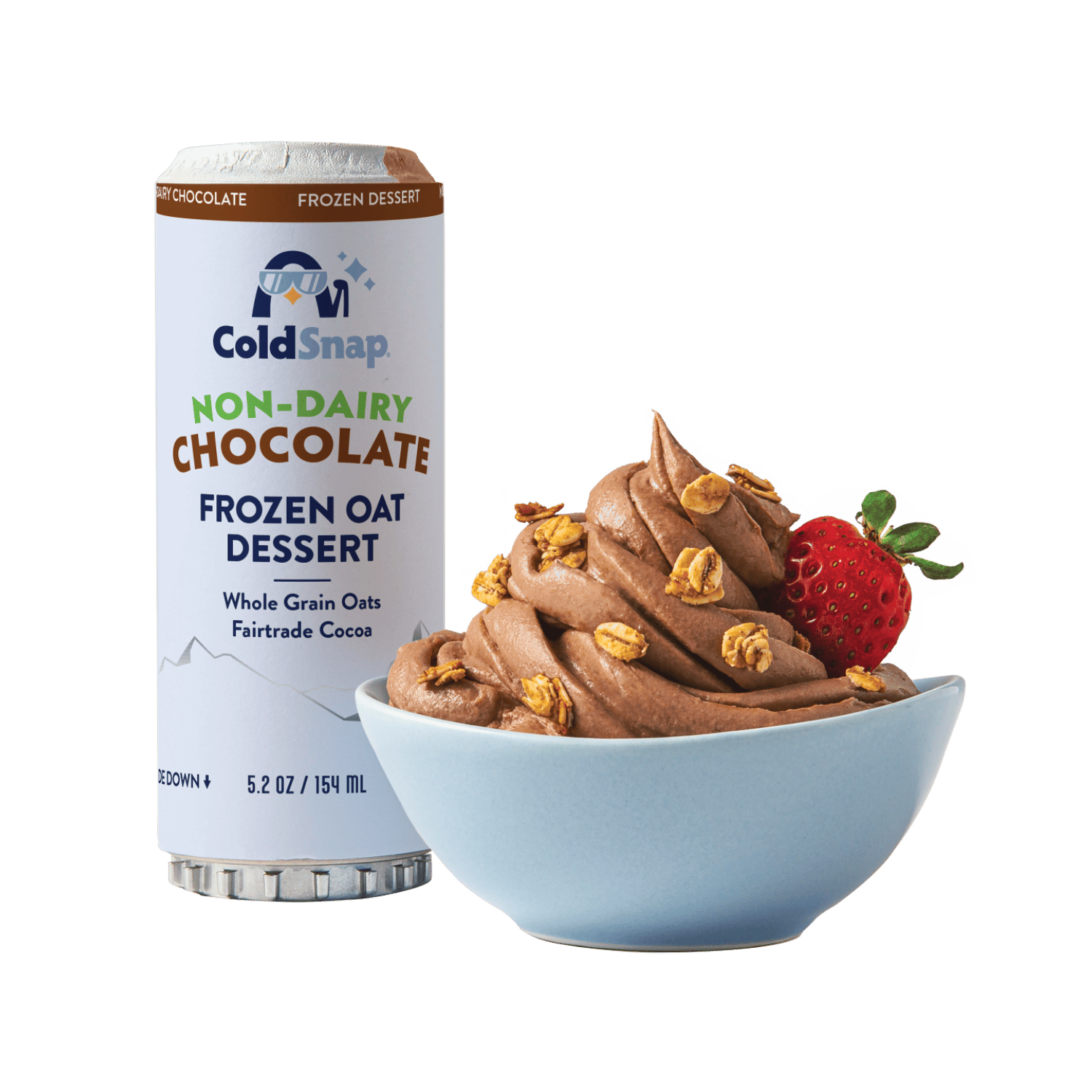 ColdSnap® Chocolate Oat Non-Dairy Frozen Dessert pod next to prepared bowl topped with golden oats and a strawberry