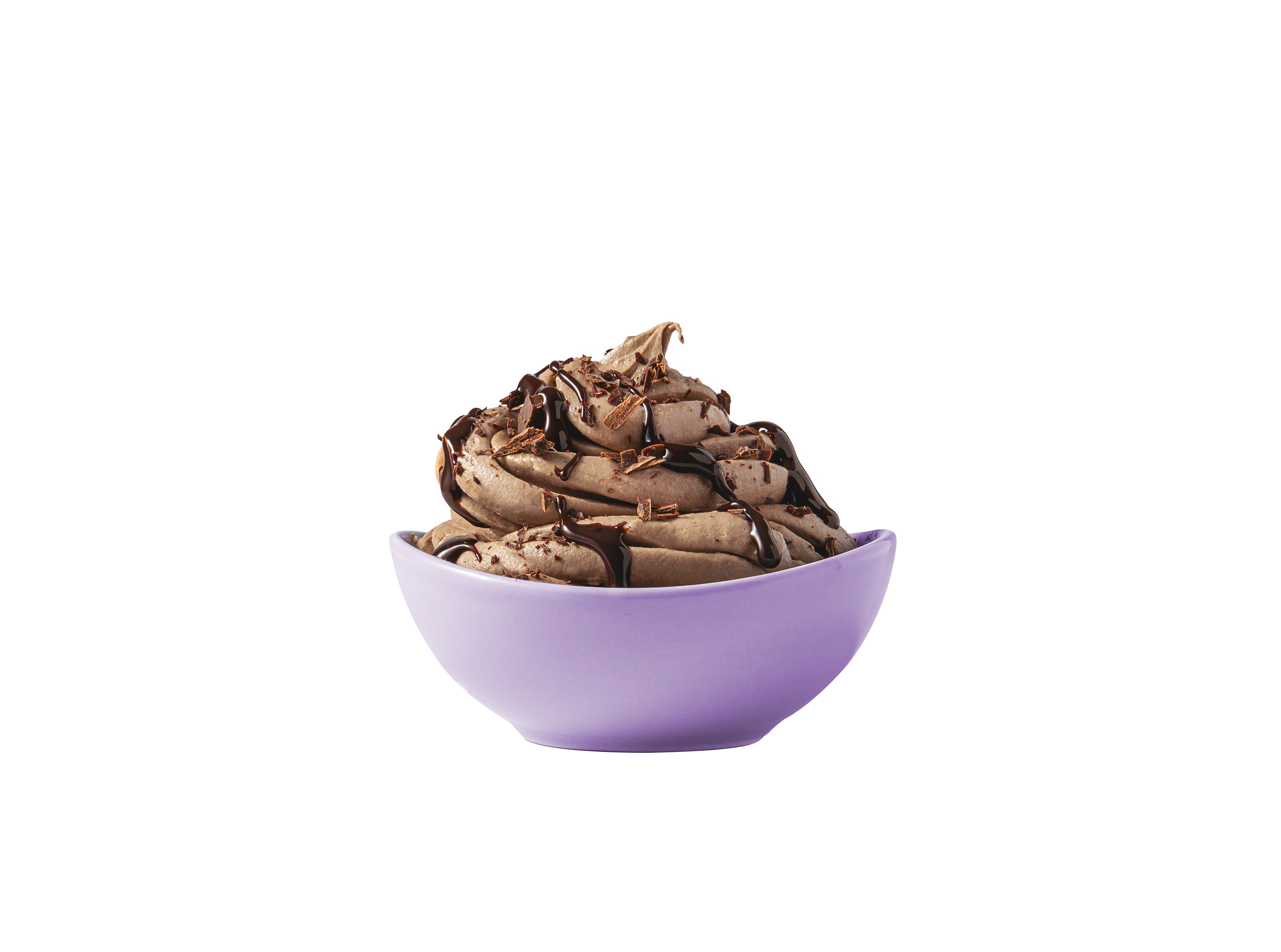 Purple bowl filled with chocolate ColdSnap ice cream on a white background