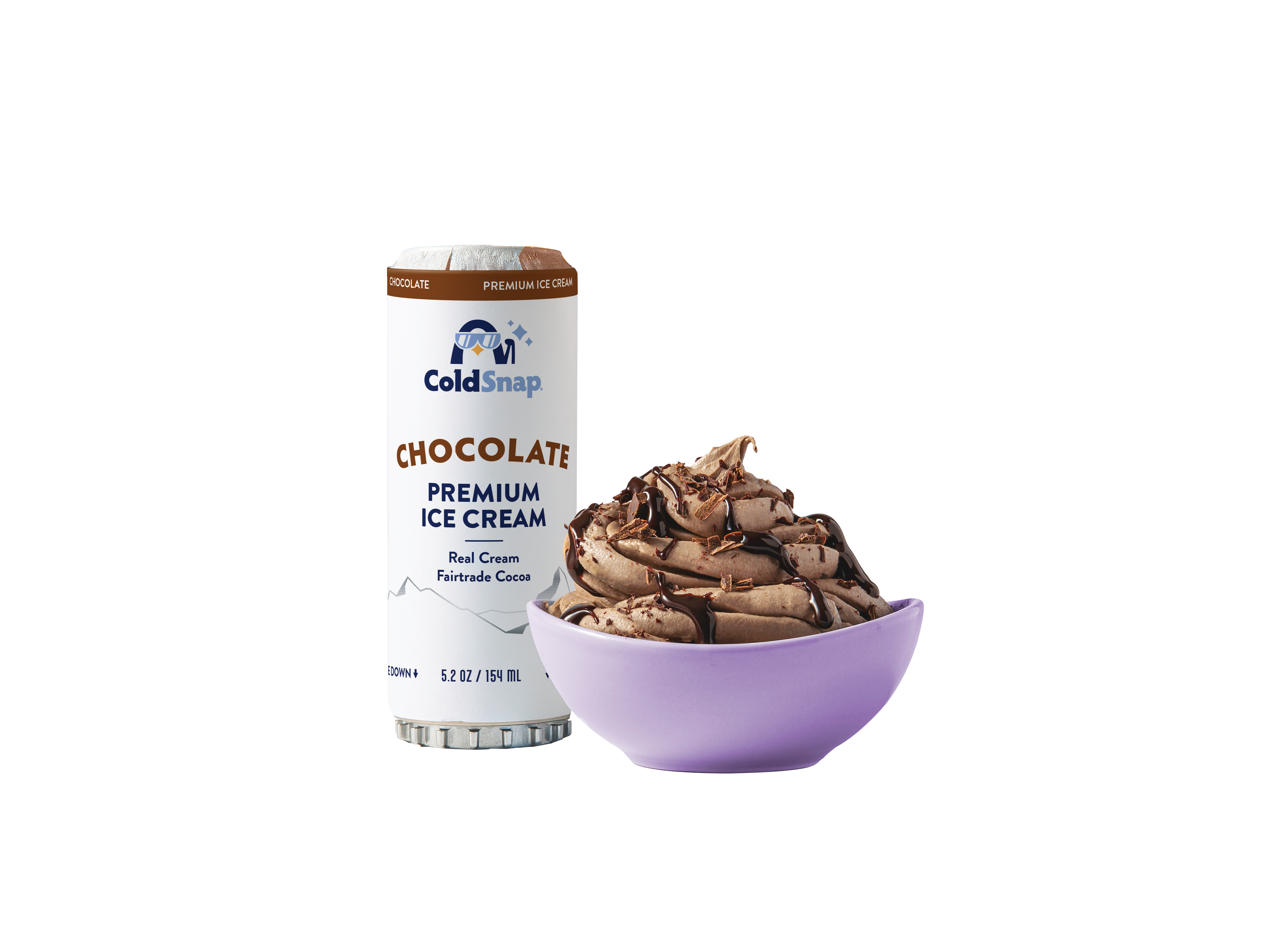 ColdSnap chocolate premium ice cream pod and bowl on a white background