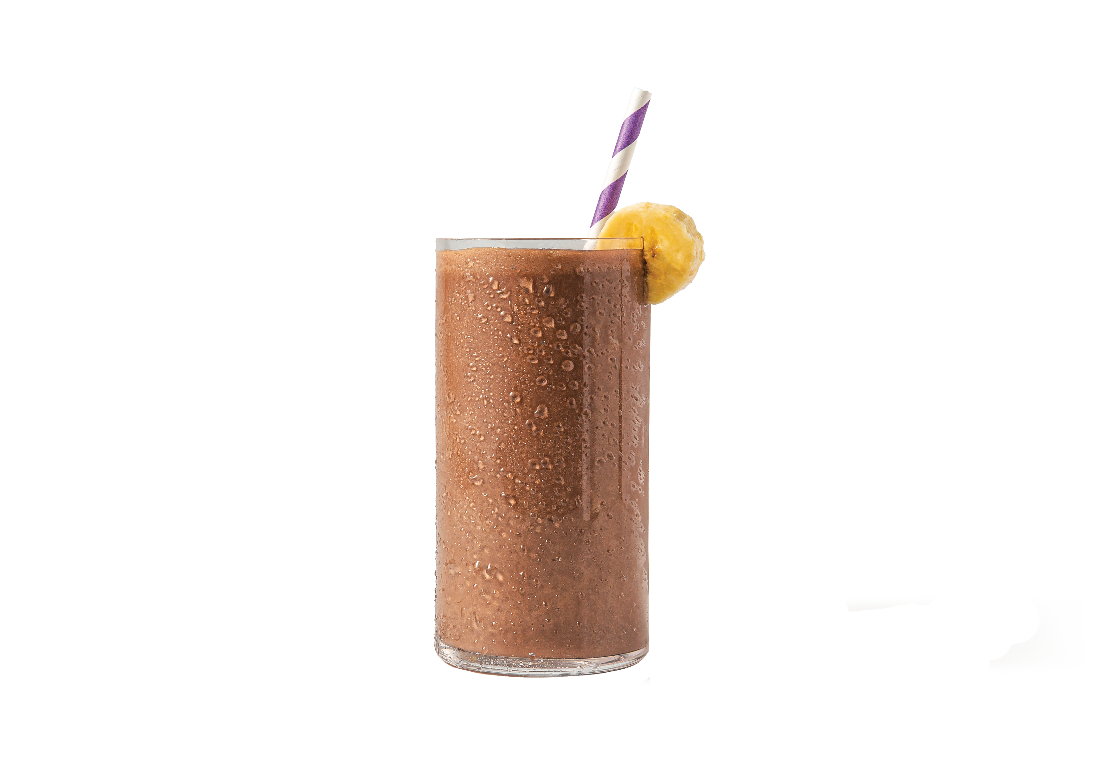 Glass of ColdSnap Protein shake with a straw and banana garnish on a white background