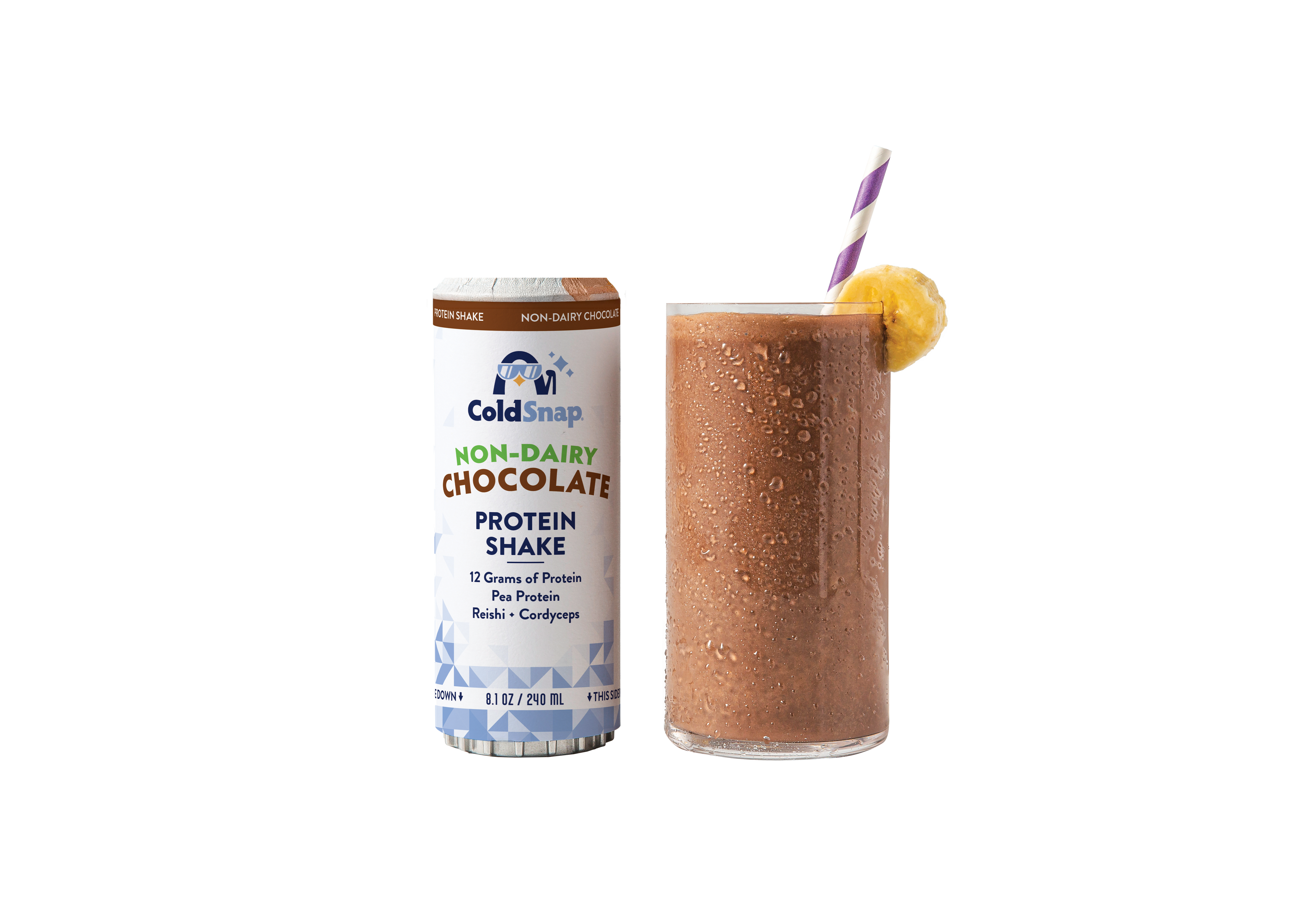 ColdSnap non-dairy chocolate protein shake pod next to a glass of ColdSnap Protein Shake with a straw and a banana garnish