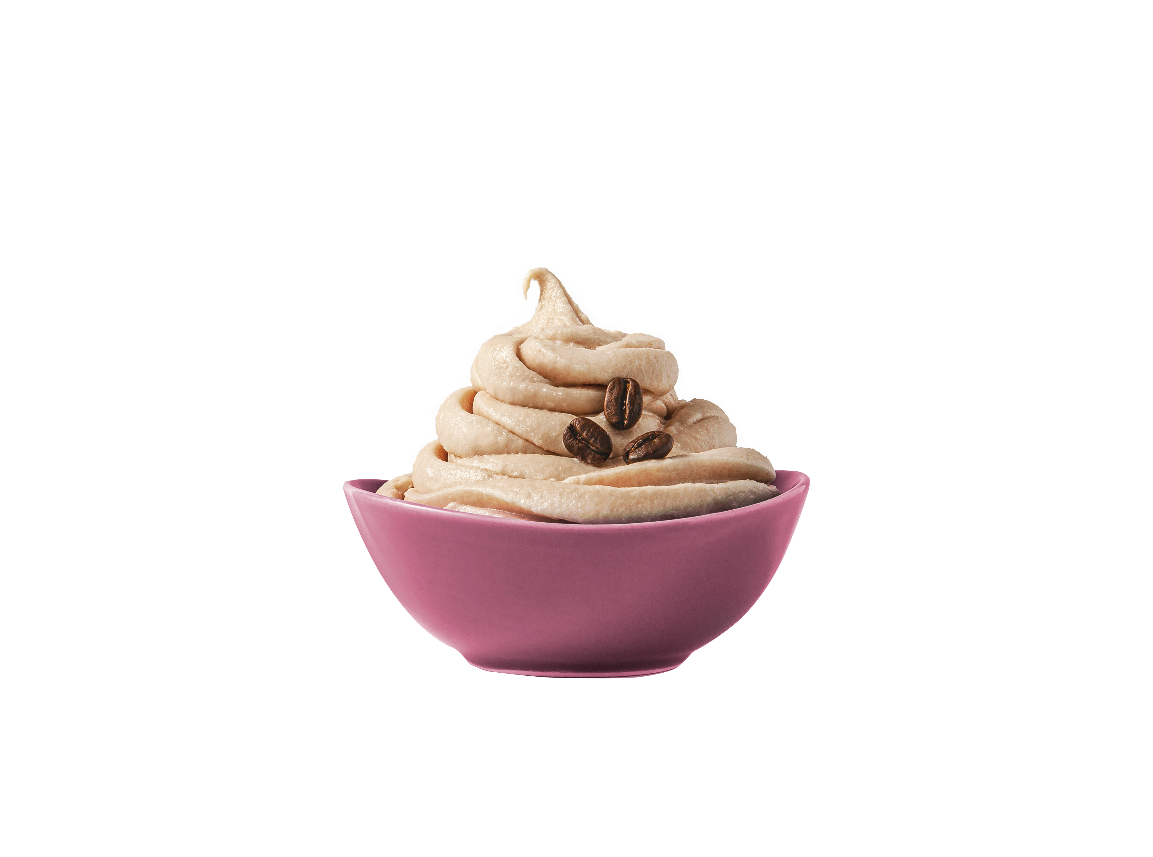 Pink bowl with coffee-flavored ColdSnap ice cream on a white background