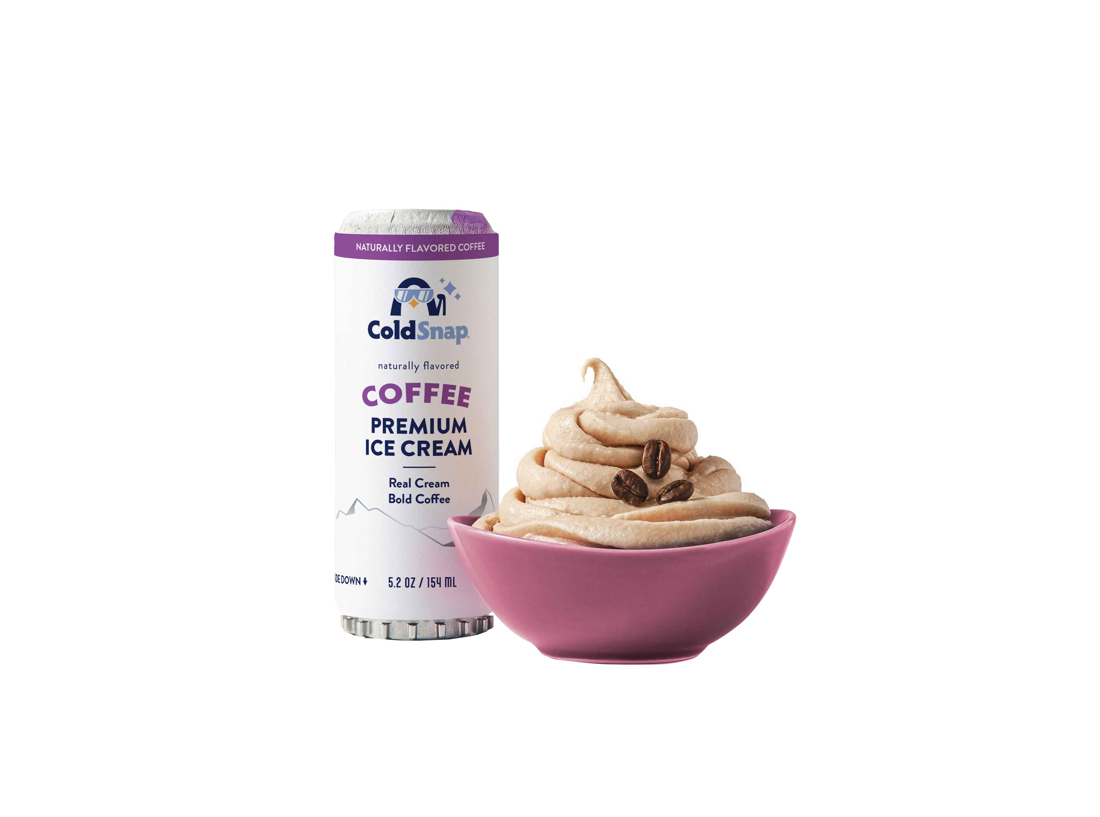 ColdSnap coffee ice cream pod with a bowl of ice cream on a white background