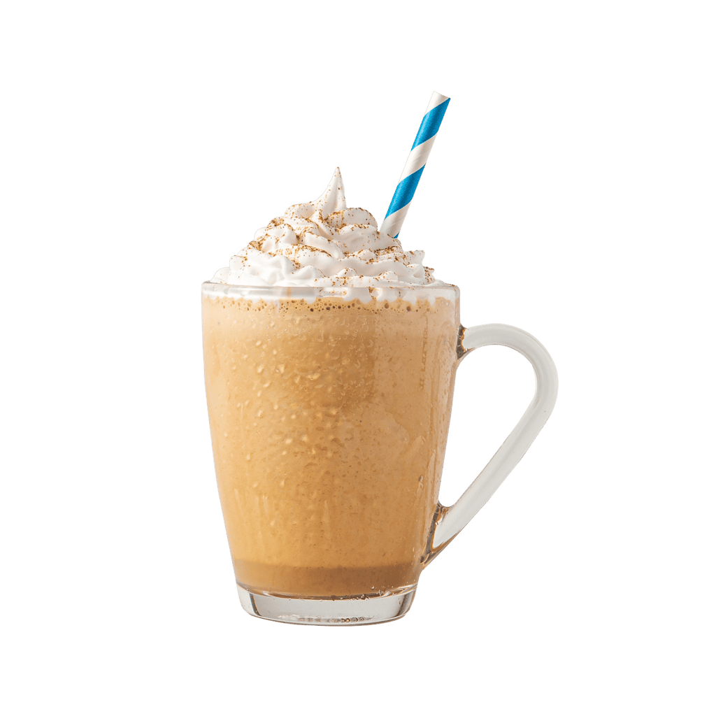 Prepared mug of French Vanilla Snappuccino® topped with whipped cream and straw