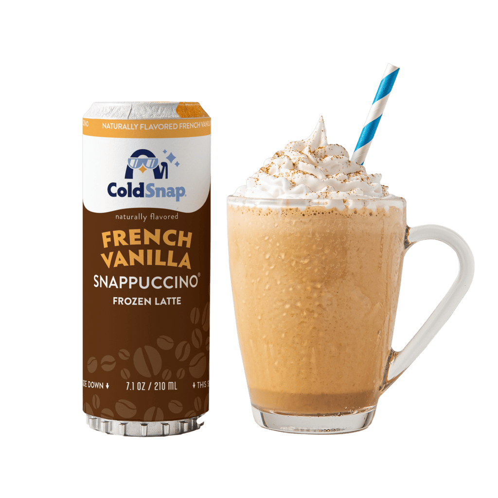 French Vanilla Snappuccino® pod next to a prepared frozen latte topped with whipped cream and straw