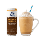 French Vanilla Snappuccino® pod next to a prepared frozen latte topped with whipped cream and straw