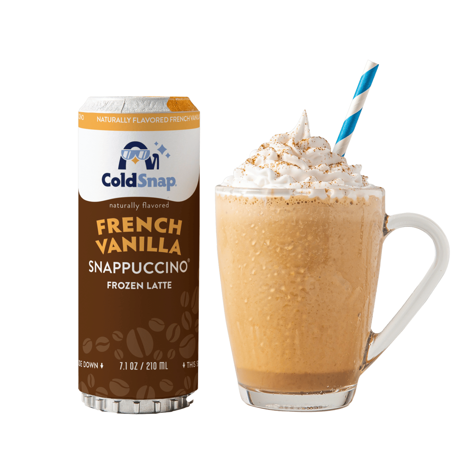 French Vanilla Snappuccino® pod next to a prepared frozen latte topped with whipped cream and straw