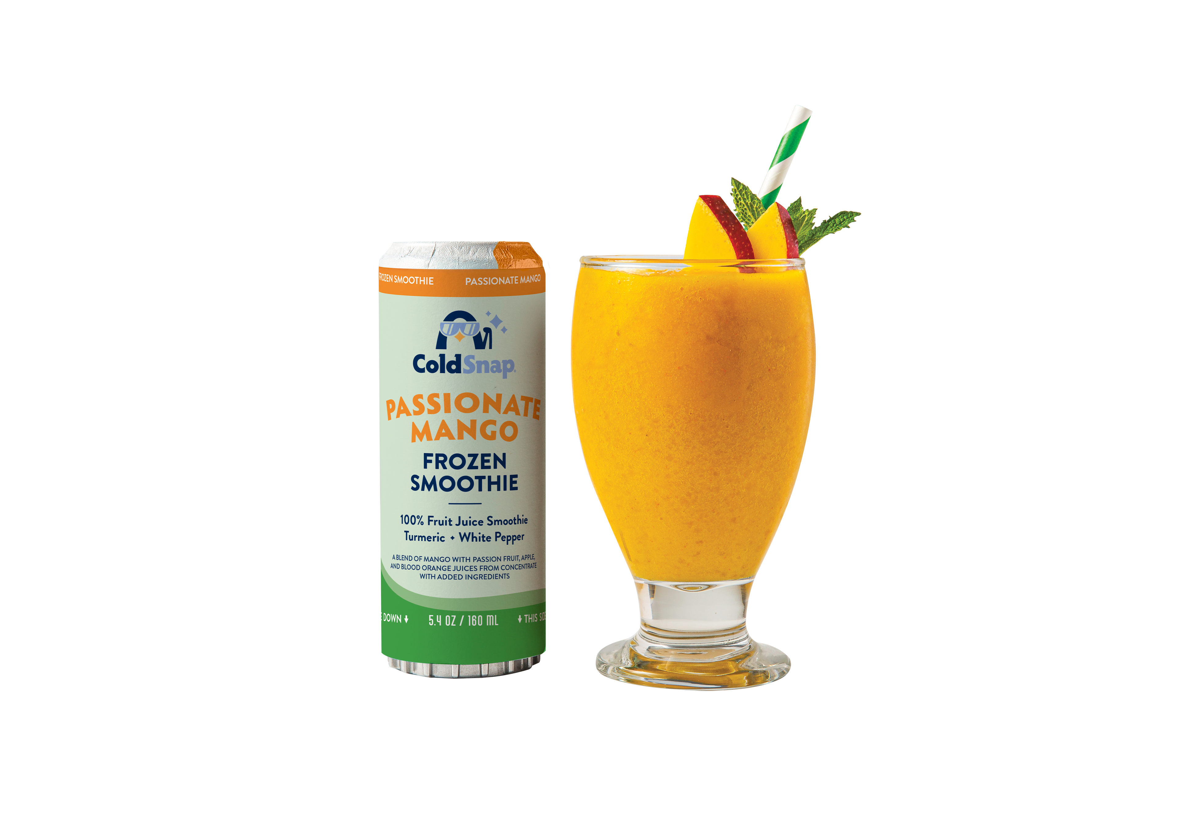 Passionate Mango ColdSnap Frozen Smoothie pod and a glass of smoothie