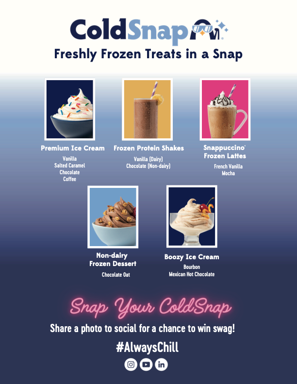 ColdSnap menu with various frozen treats and promotional text on a blue background