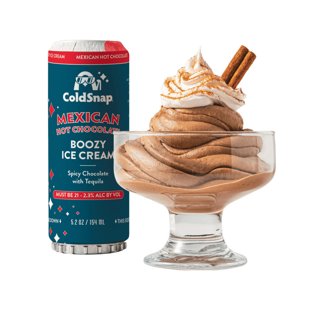ColdSnap® Mexican Hot Chocolate Boozy Ice Cream pod next to a prepared bowl topped with whipped cream and cinnamon 