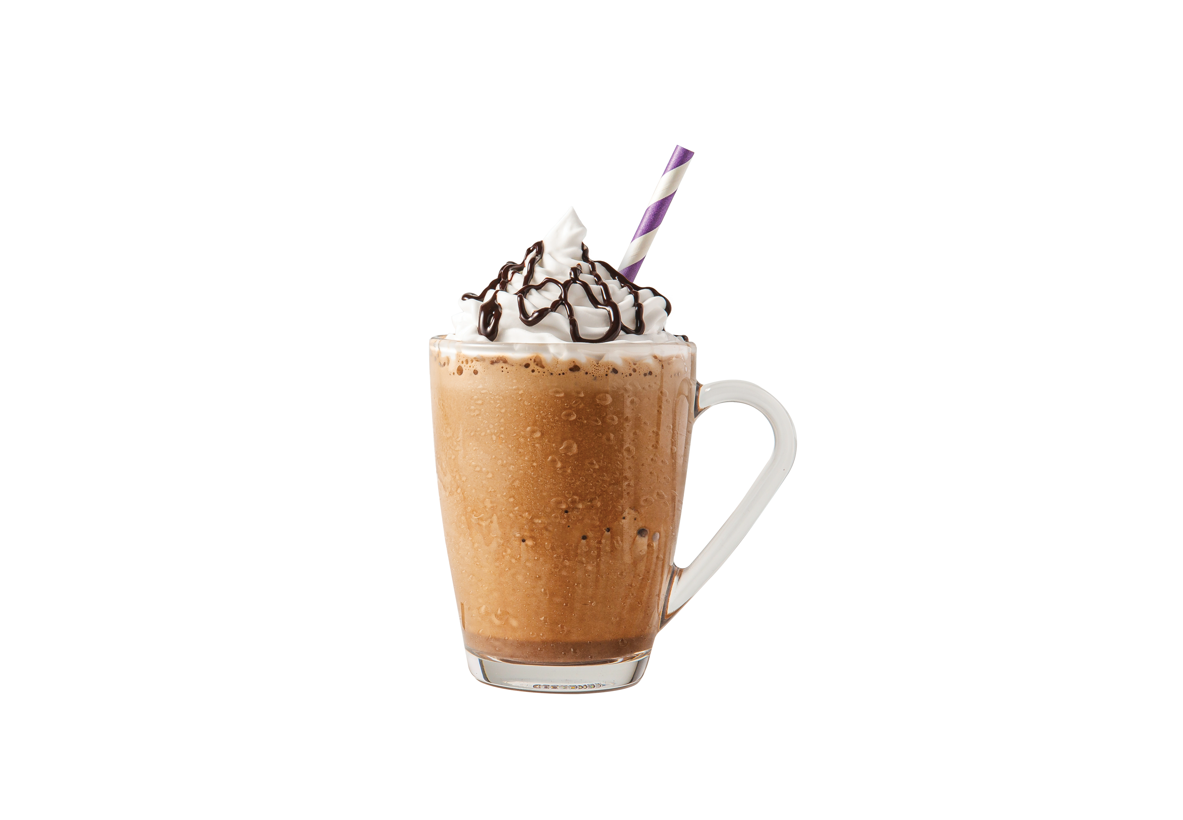 ColdSnap Snappuccino with whipped cream and chocolate shavings in a glass mug on a white background