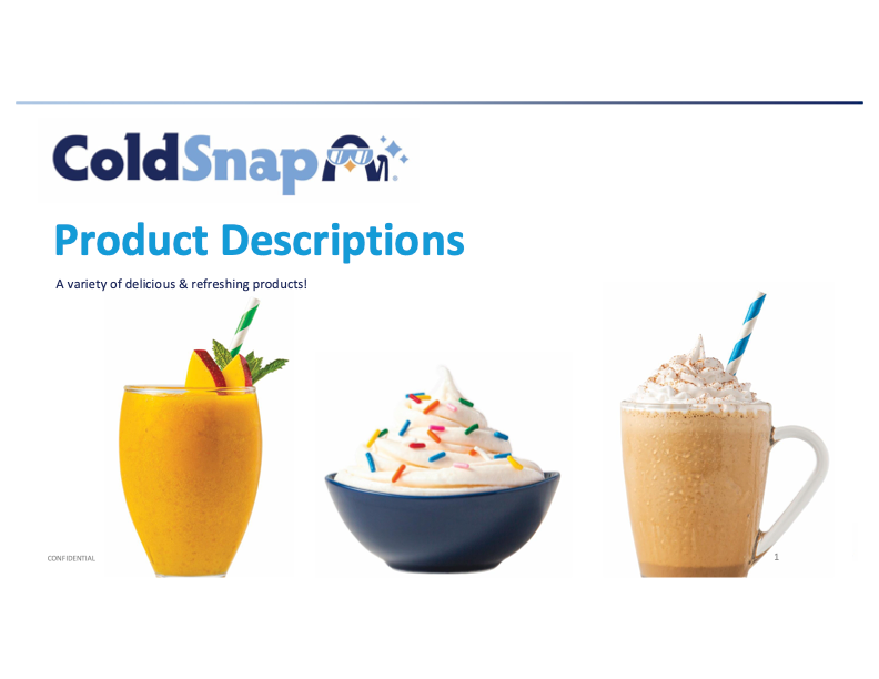 Promotional image for ColdSnap Product Descriptions with three dessert items on a white background