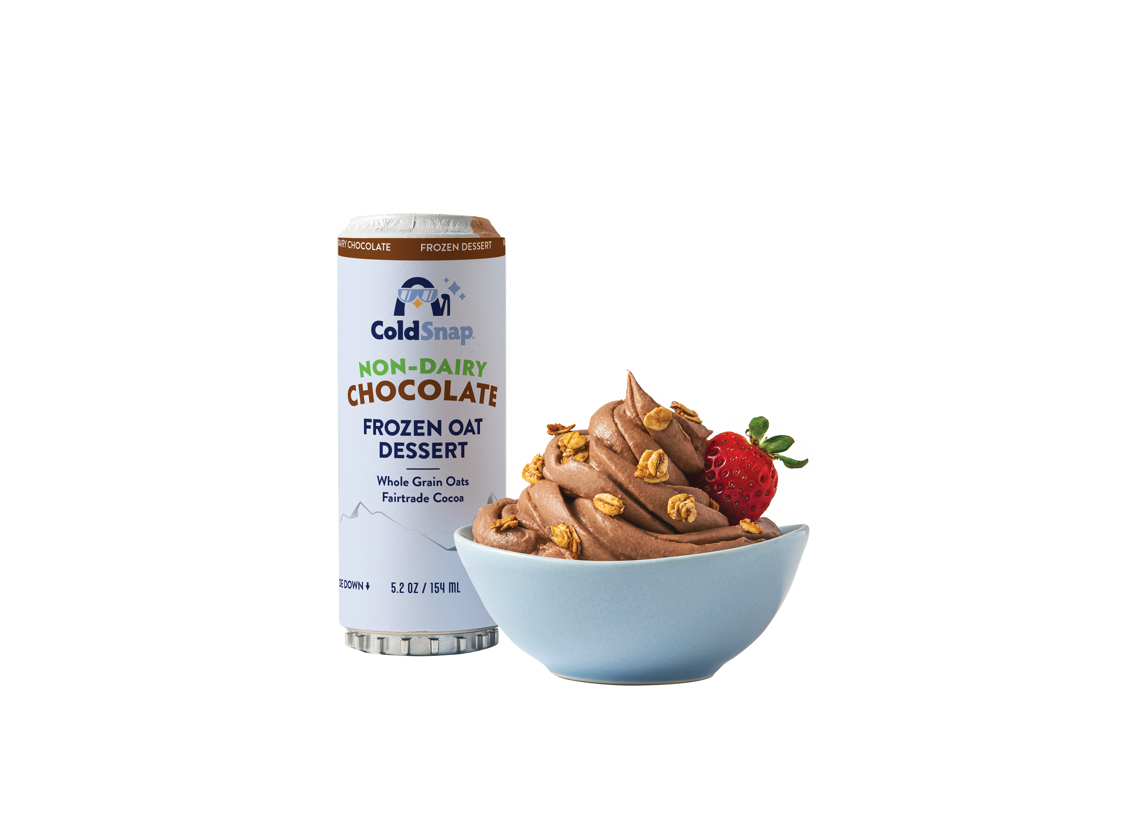 Bowl of non-dairy chocolate frozen oat dessert with a pod of ColdSnap on a white background