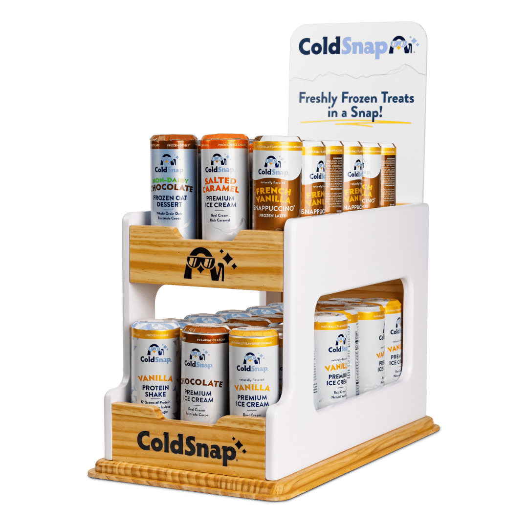 Fully stocked display stand for ColdSnap® frozen treat pods. 