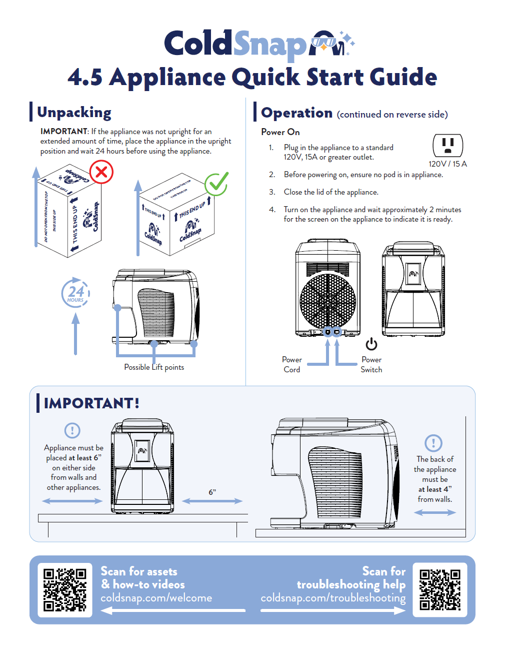 ColdSnap 4.5 Appliance Quick Start Guide with illustrations and text.