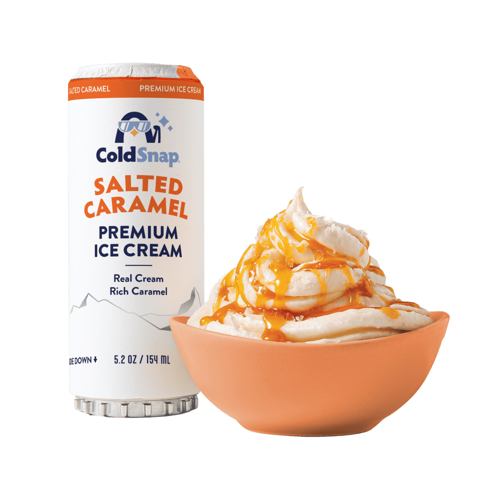 ColdSnap® Salted Caramel Premium Ice Cream pod next to a prepared bowl drizzled with caramel sauce