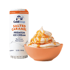 ColdSnap® Salted Caramel Premium Ice Cream pod next to a prepared bowl drizzled with caramel sauce