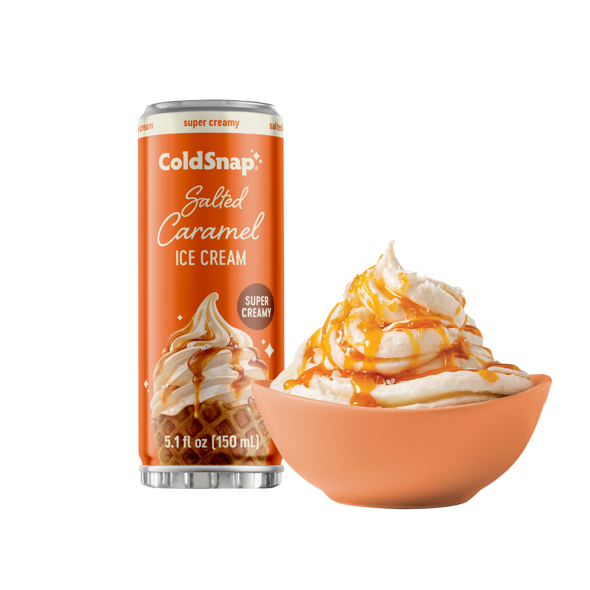 A can of ColdSnap Salted Caramel Ice Cream next to a bowl of whipped cream topped with caramel drizzle on a white background.