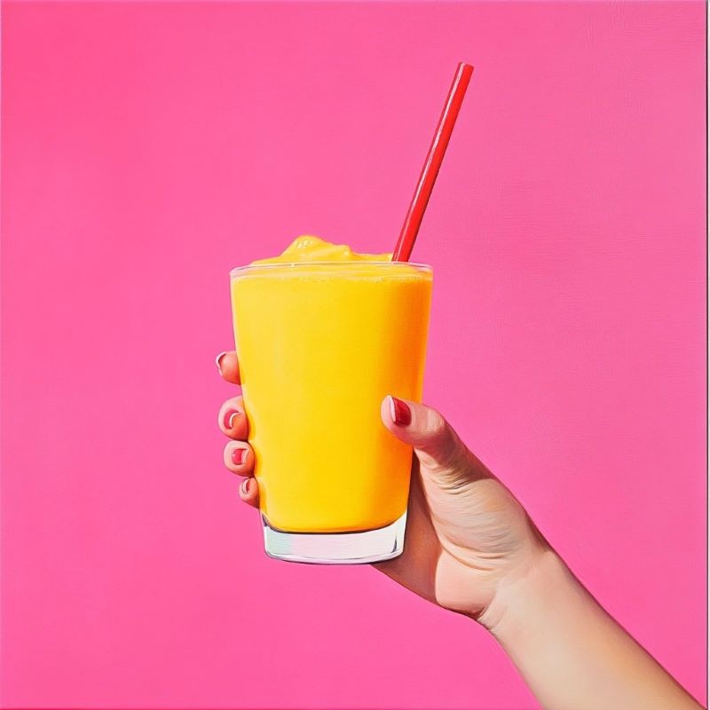 A hand with red nail polish holding a glass of ColdSnap Passionate Mango Frozen Smoothie. 