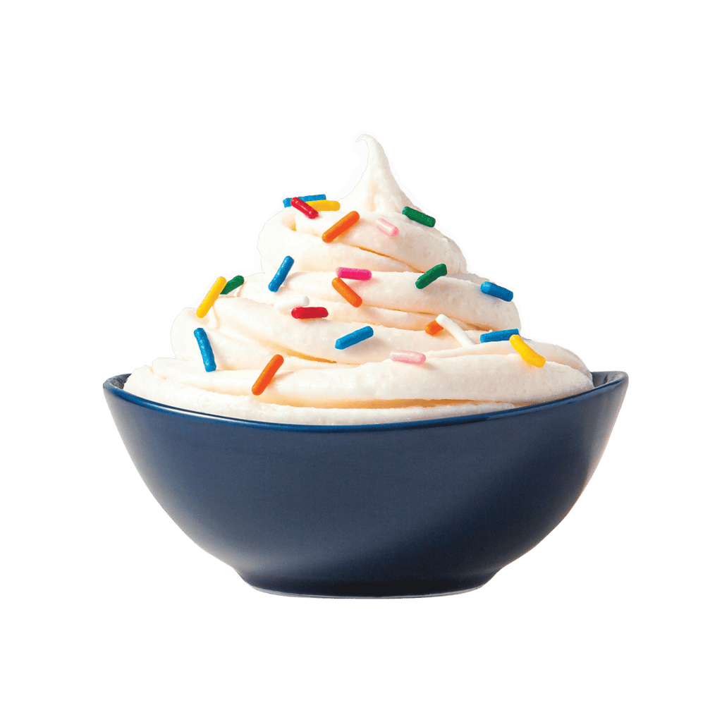 Prepared bowl of ColdSnap® Vanilla Premium Ice Cream topped with colorful sprinkles in a navy blue bowl