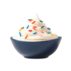 Prepared bowl of ColdSnap® Vanilla Premium Ice Cream topped with colorful sprinkles in a navy blue bowl
