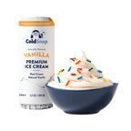 ColdSnap® Vanilla Premium Ice Cream pod next to a prepared bowl topped with colorful sprinkles in a navy blue bowl