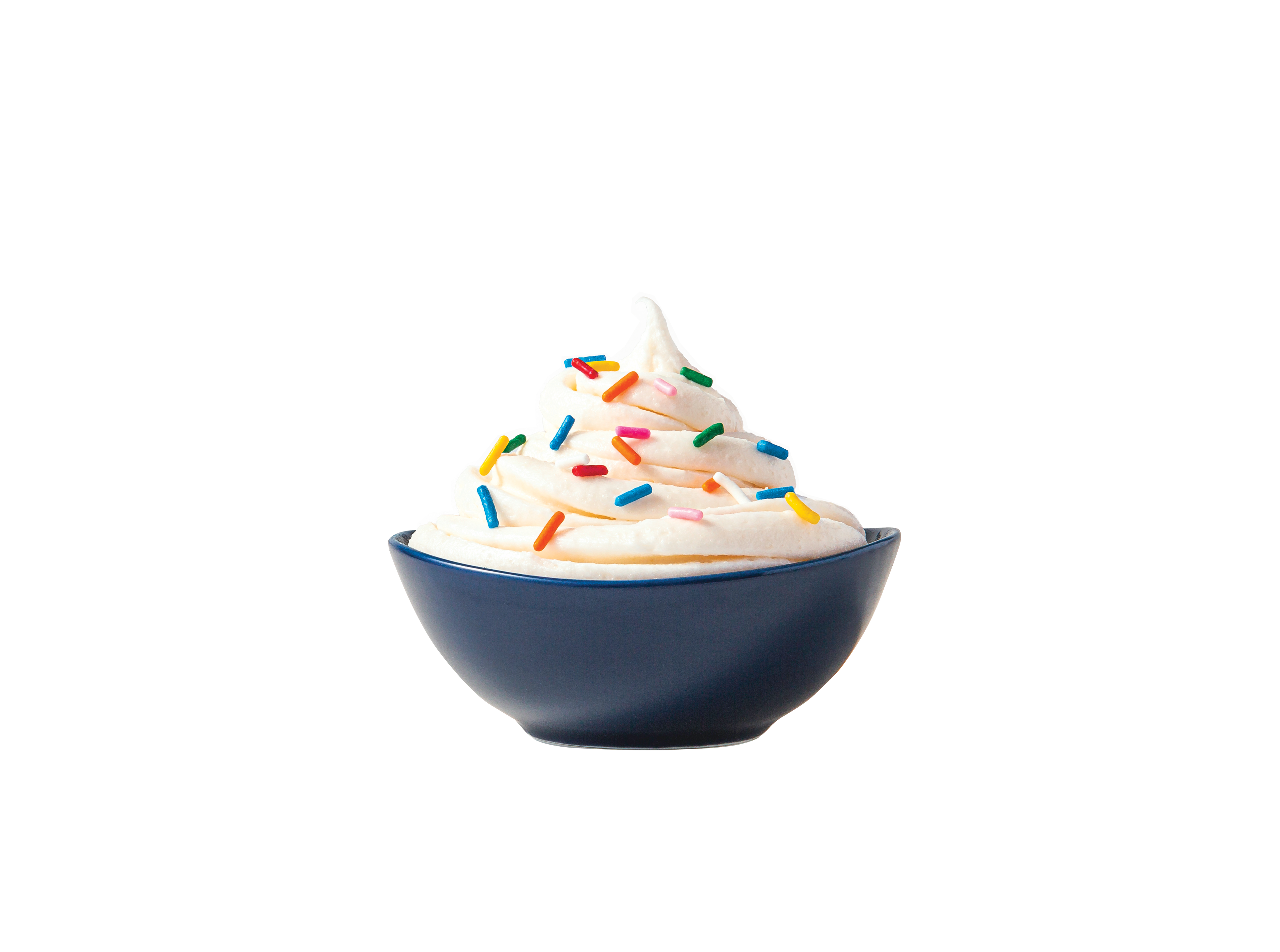 Blue bowl filled with vanilla ColdSnap ice cream topped with colorful sprinkles on a white background