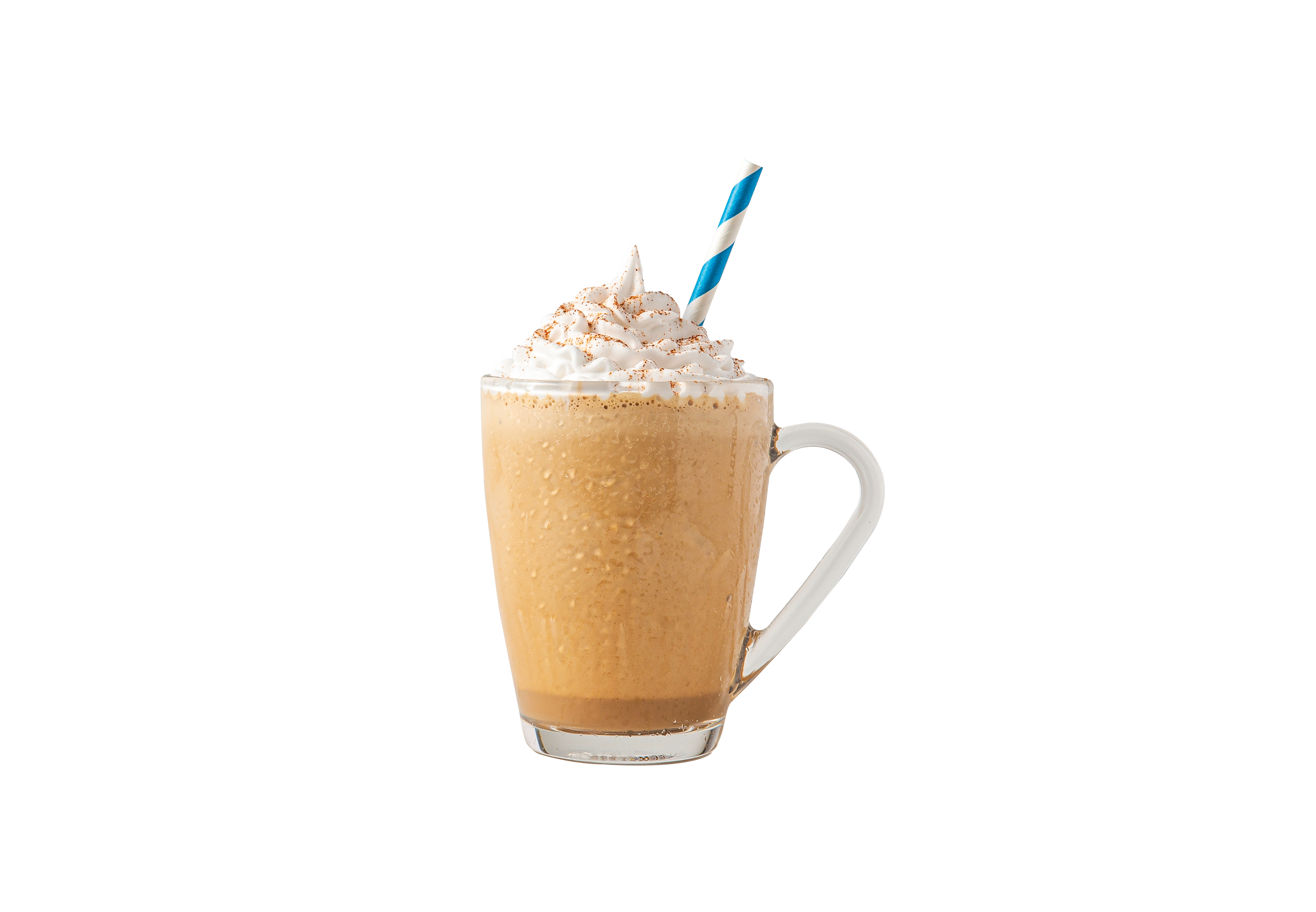 A prepared ColdSnap Snappuccino in a glass with whip cream and a straw. 