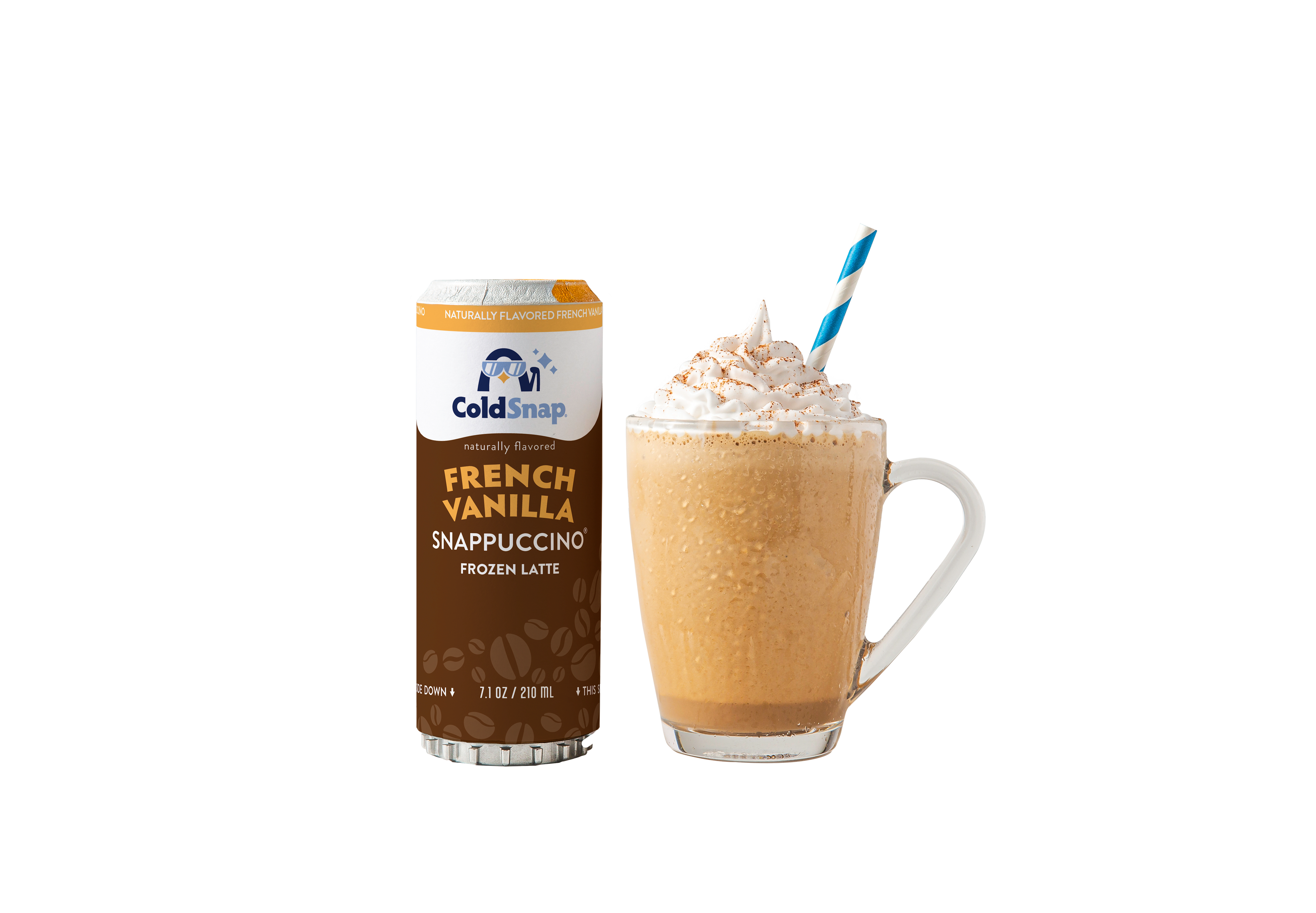 ColdSnap French Vanilla Snappuccino pod next to a glass of frozen beverage