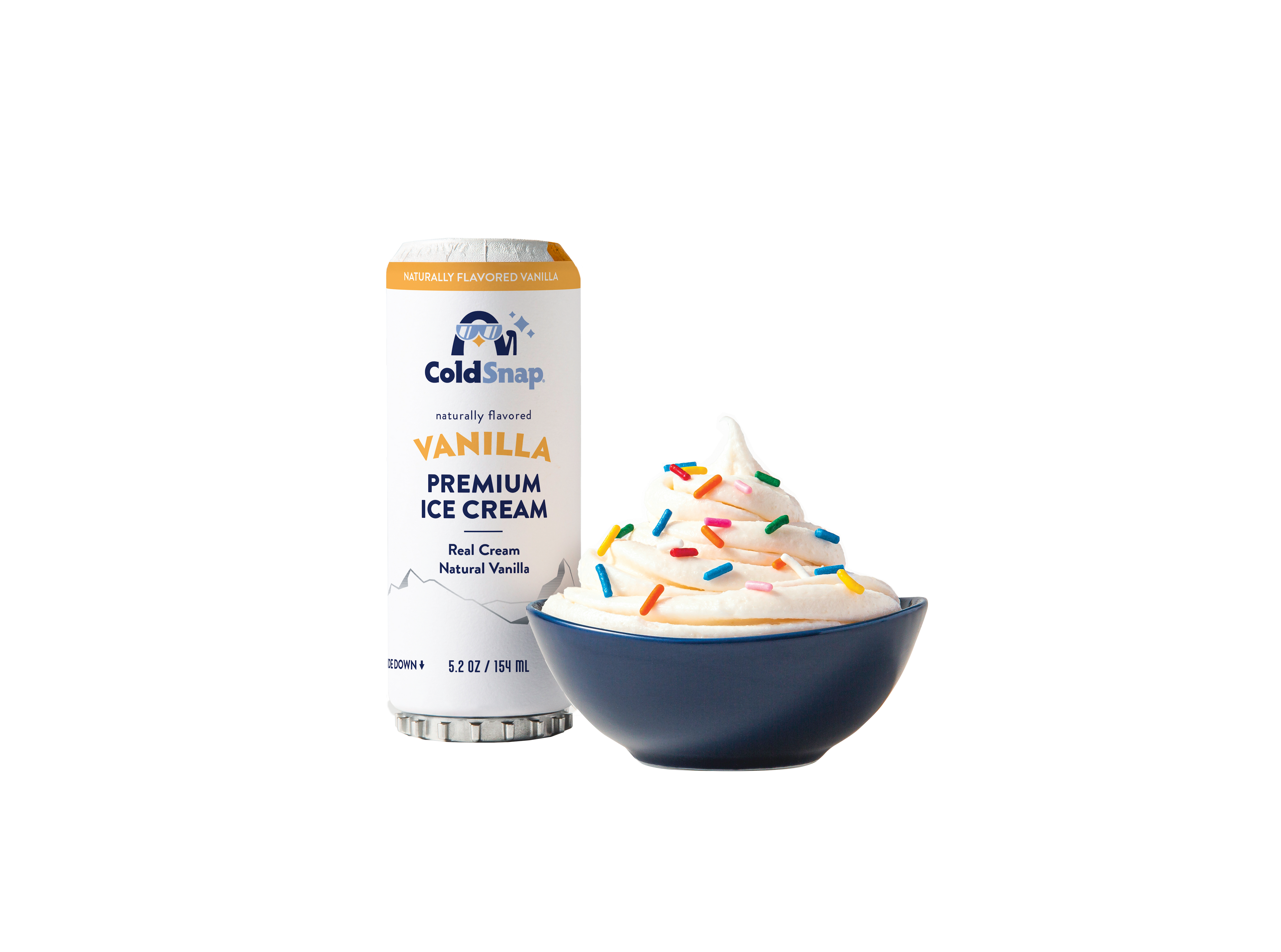 ColdSnap vanilla ice cream pod and bowl with ice cream and sprinkles on a white background