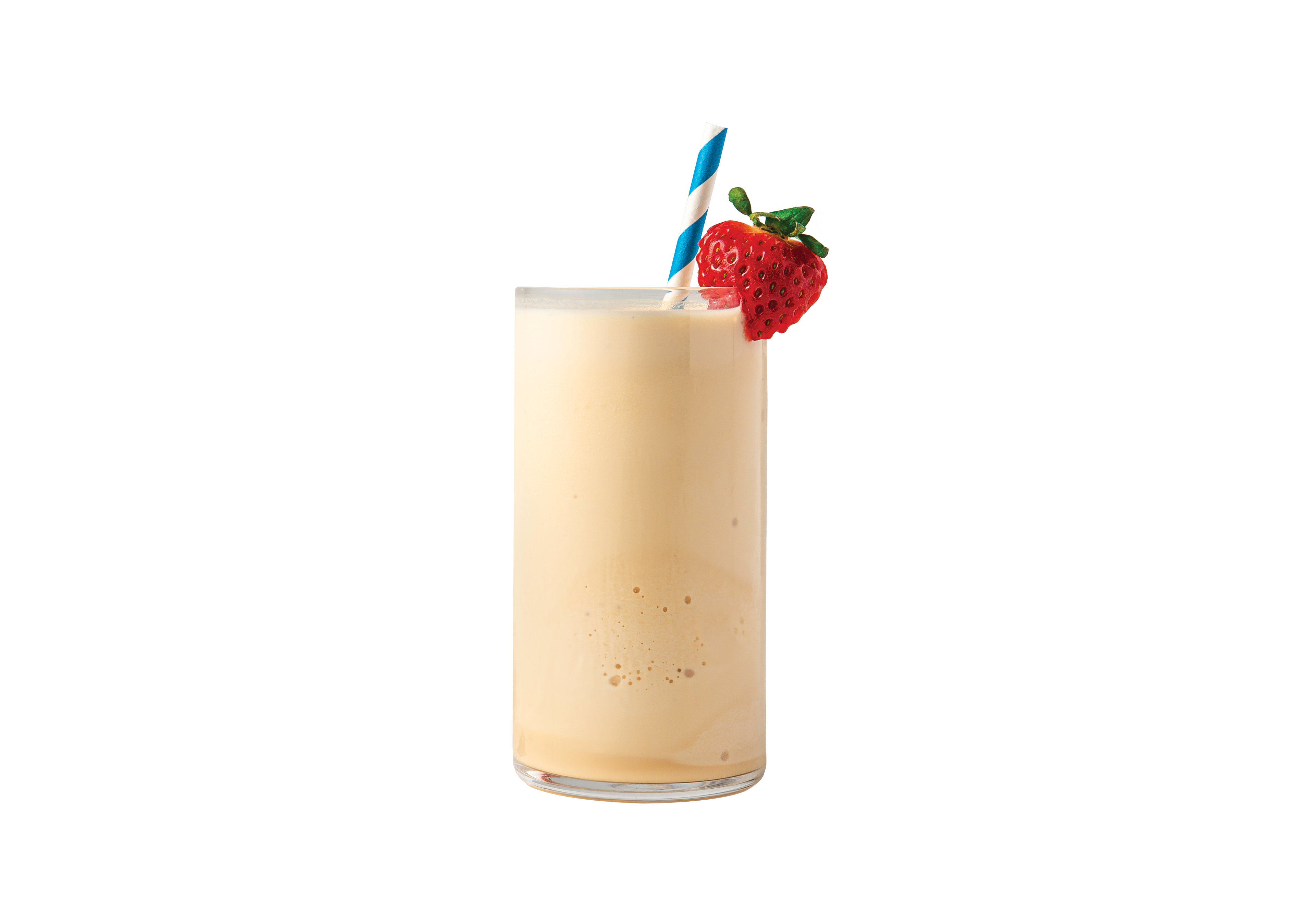 Glass of ColdSnap Vanilla Protein Shake with a strawberry and straw on a white background