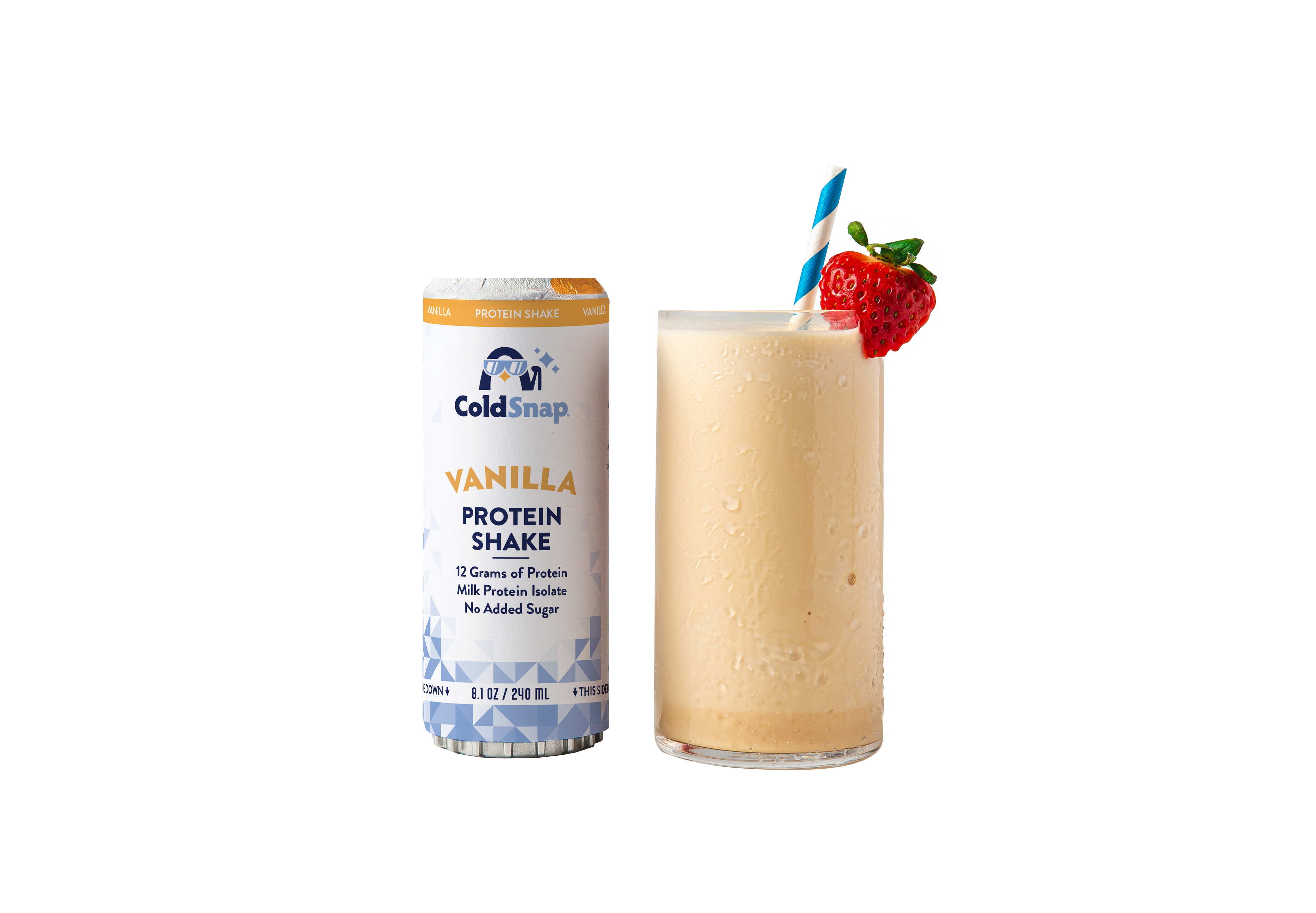 Vanilla protein shake with a glass of shake and a pod of ColdSnap Vanilla Protein Shake on a white background.