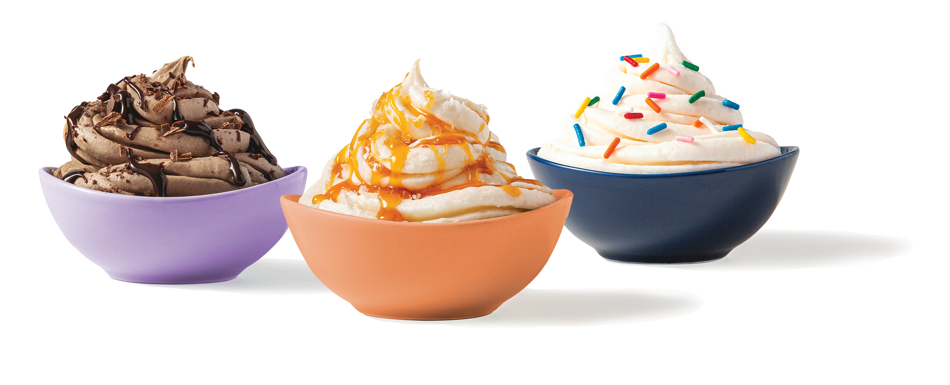 Three bowls of ColdSnap ice cream with different flavors on a white background