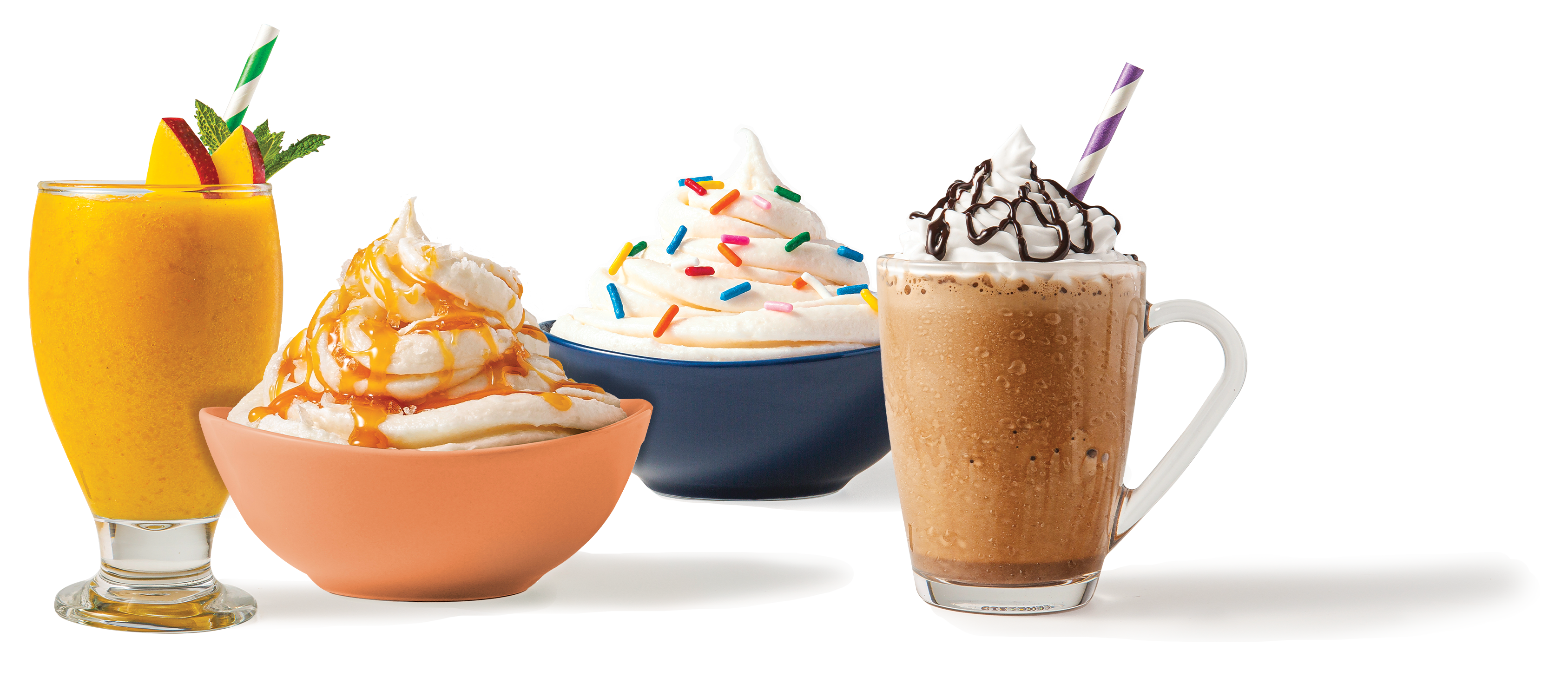 an assortment of ColdSnap products including a smoothie, snappuchino, and ice cream