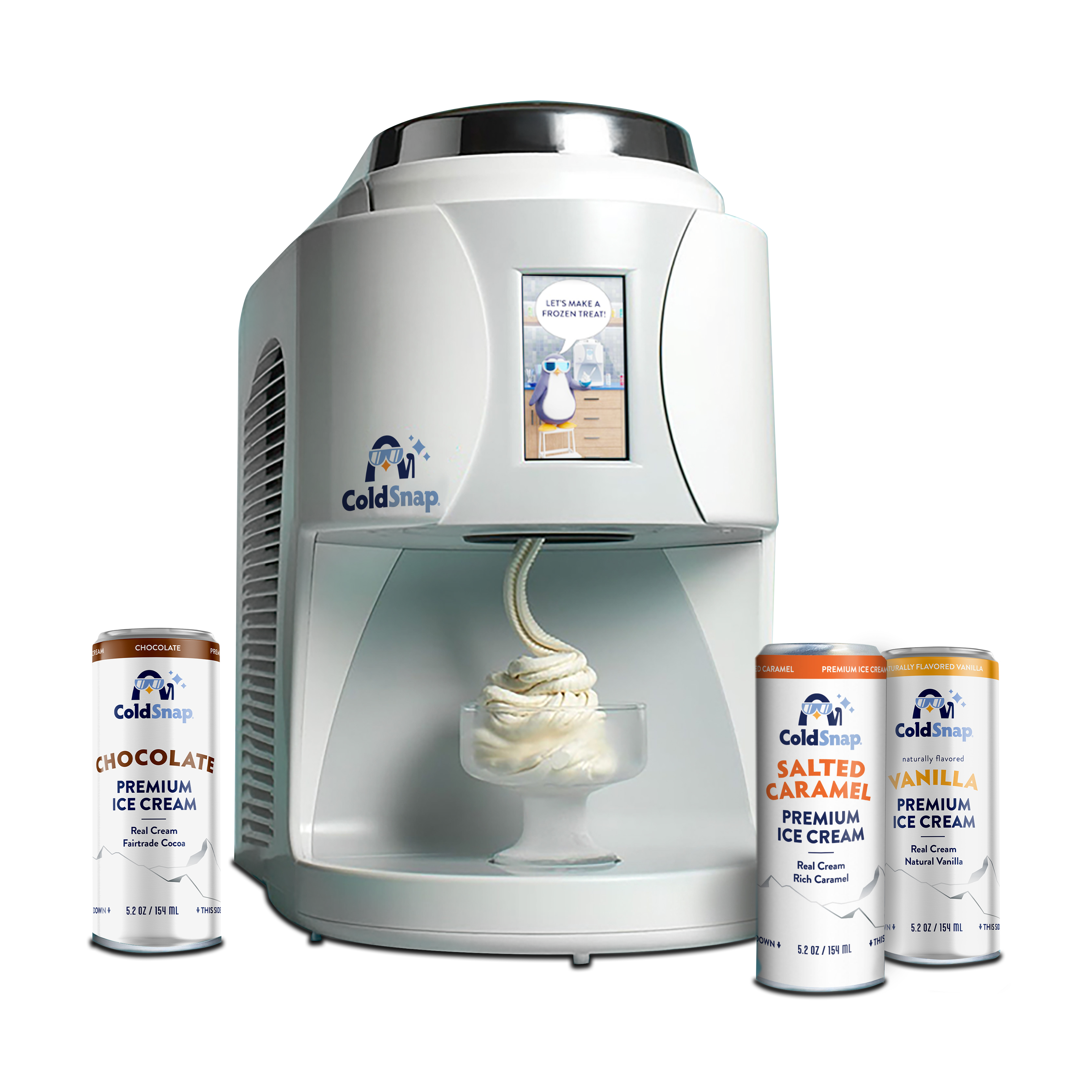 A ColdSnap machine dispersing a delicious bowl of ColdSnap ice cream. One pod of ColdSnap Chocolate Premium Ice cream is displayed on the left side of the machine, and two pods on the right. One pod is ColdSnap Salted Caramel Premium Ice Cream, and the other ColdSnap Vanilla Premium Ice Cream. 