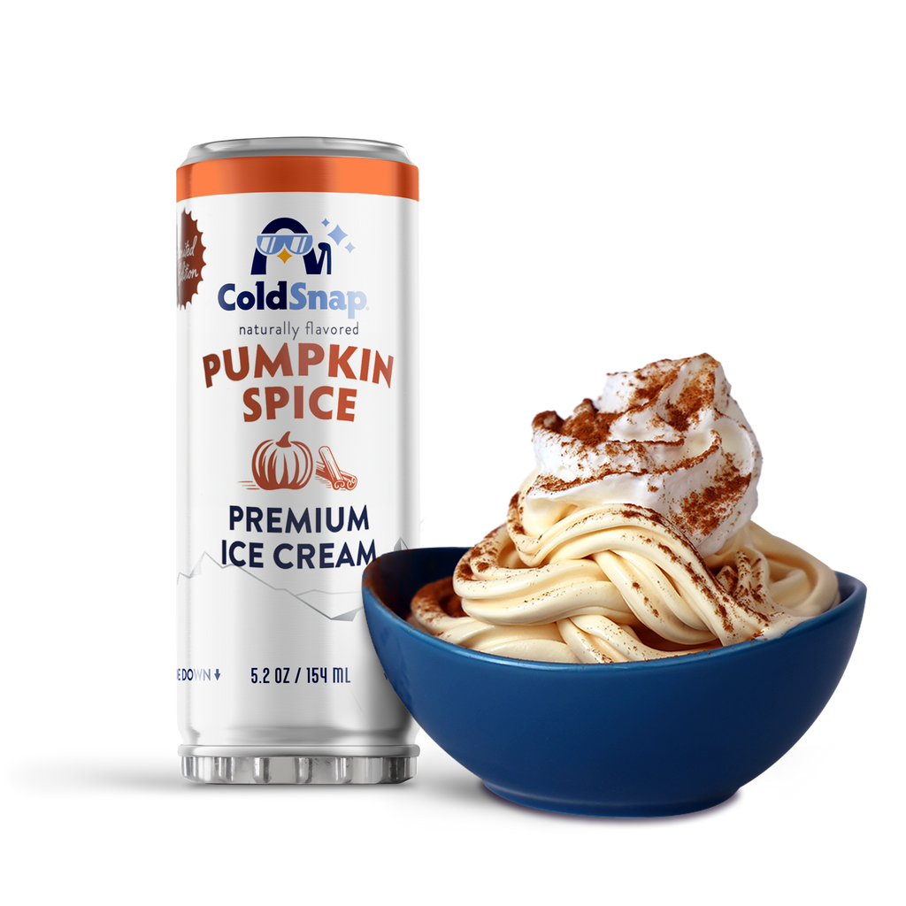 ColdSnap® Pumpkin Spice Premium Ice Cream pod next to a bowl of the prepared ice cream topped with whipped cream and pumpkin spice