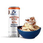 ColdSnap® Pumpkin Spice Premium Ice Cream pod next to a bowl of the prepared ice cream topped with whipped cream and pumpkin spice