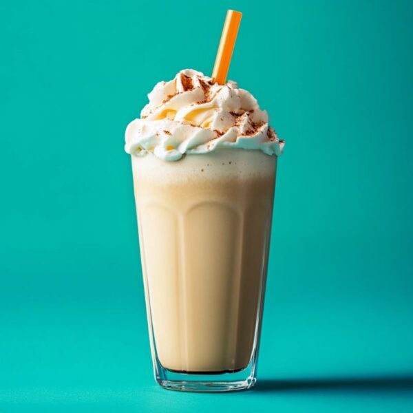 Glass of ColdSnap Protein shake with whipped cream and a straw on a teal background
